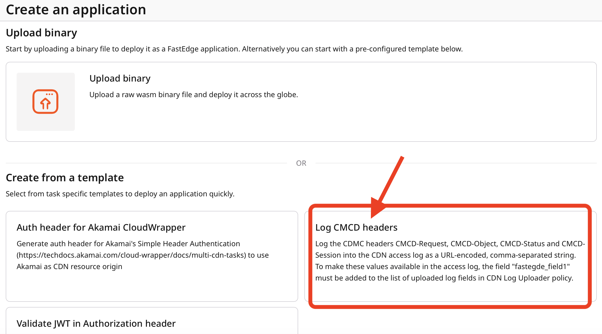 Screenshot of the Gcore CDN interface showing the "Log CMCD headers" template option. A red circle highlights the description: "Log CMCD headers CMCD-Request, CMCD-Object, CMCD-Status and CMCD-Session into CDN access log as comma-separated list.